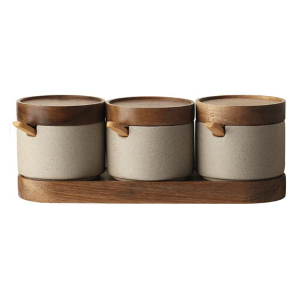 Artisan Wood-Lid Ceramic Jar Set | With Wooden Tray & Spoon