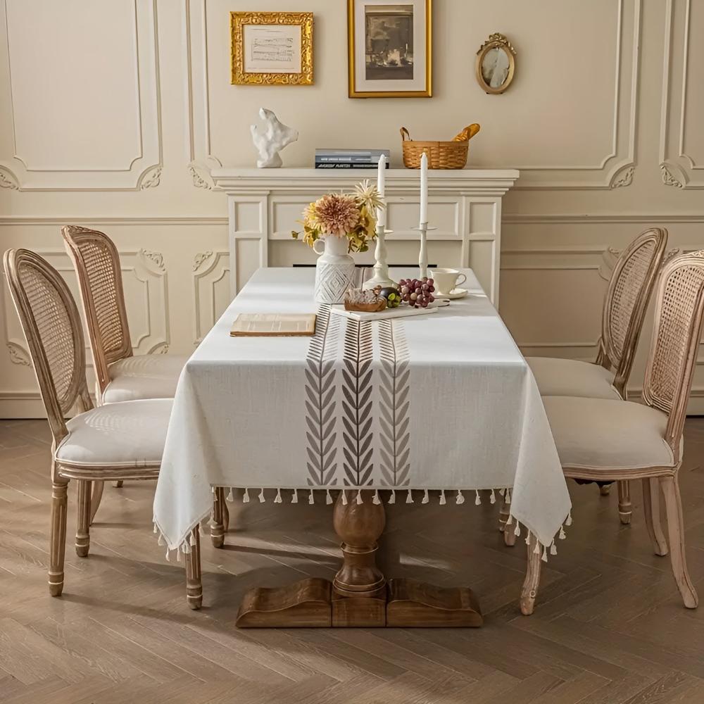 Rustic Embroidered Leaves Tassel Tablecloth