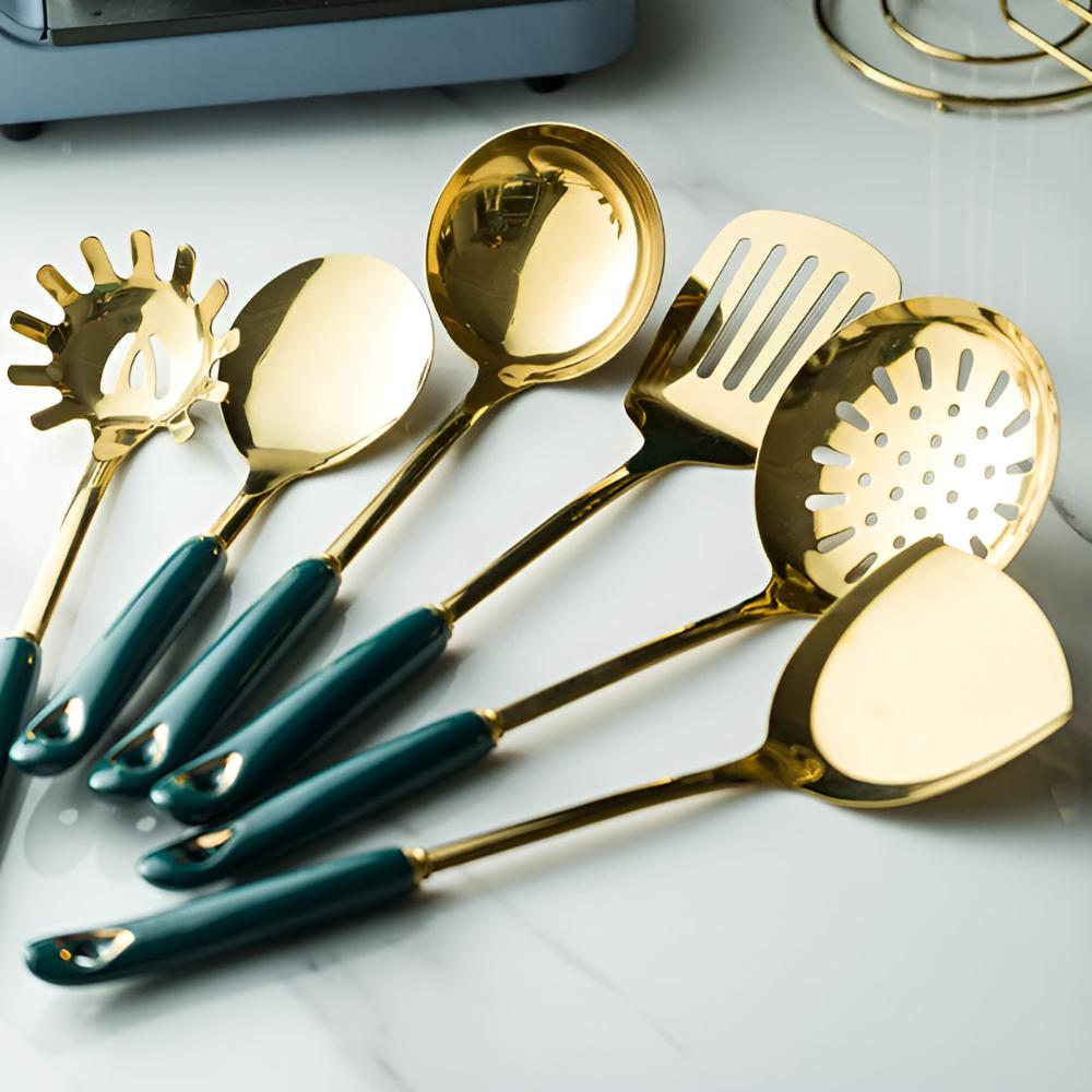 6-Piece Ergonomic Golden Stainless Steel Utensil Set with Storage Rack