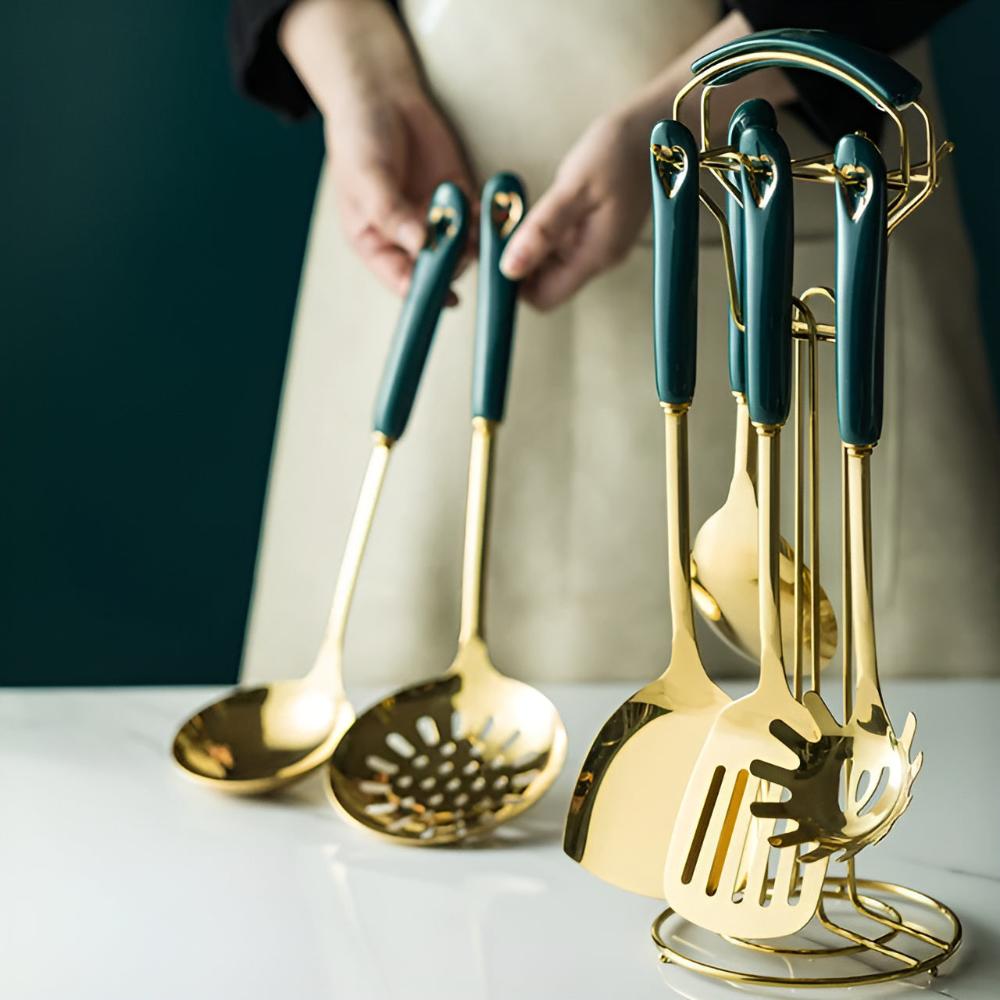 6-Piece Ergonomic Golden Stainless Steel Utensil Set with Storage Rack
