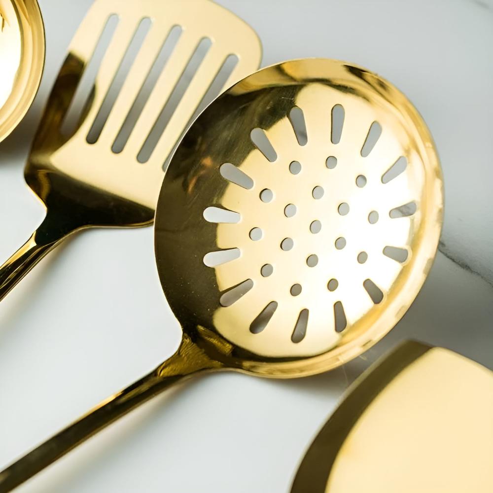 6-Piece Ergonomic Golden Stainless Steel Utensil Set with Storage Rack