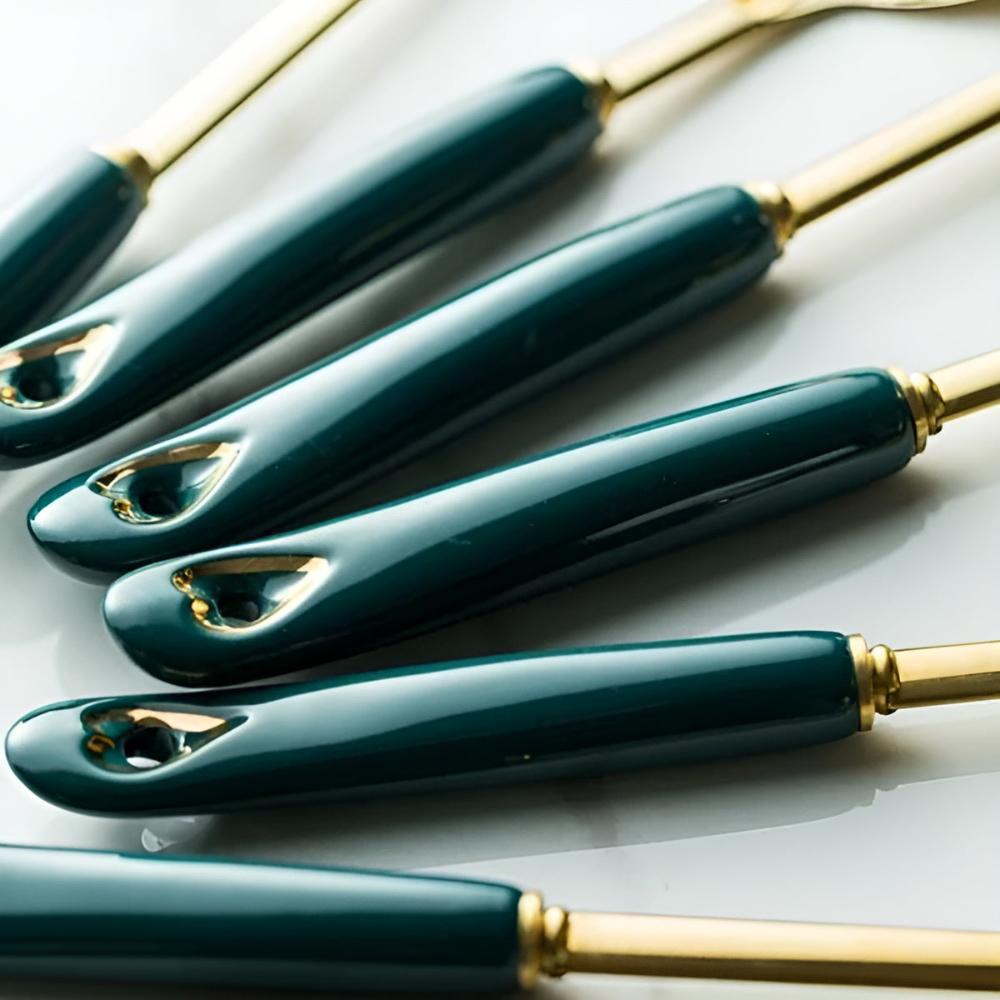 6-Piece Ergonomic Golden Stainless Steel Utensil Set with Storage Rack