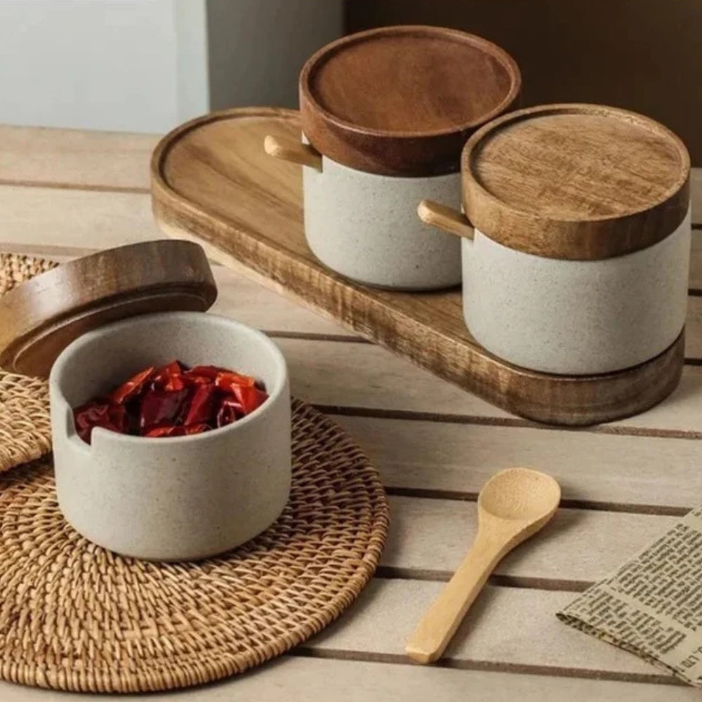 Artisan Wood-Lid Ceramic Jar Set | With Wooden Tray & Spoon