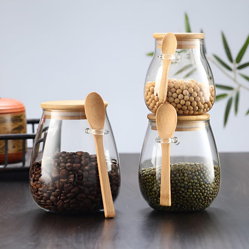 Modern Glass Jar with Wooden Lid & Spoon