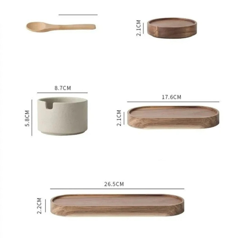 Artisan Wood-Lid Ceramic Jar Set | With Wooden Tray & Spoon