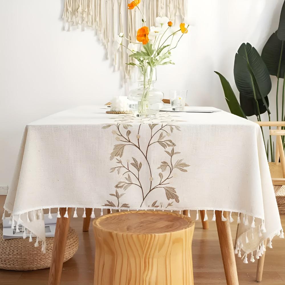 Classic Embroidered Bloom & Tassel Tablecloth