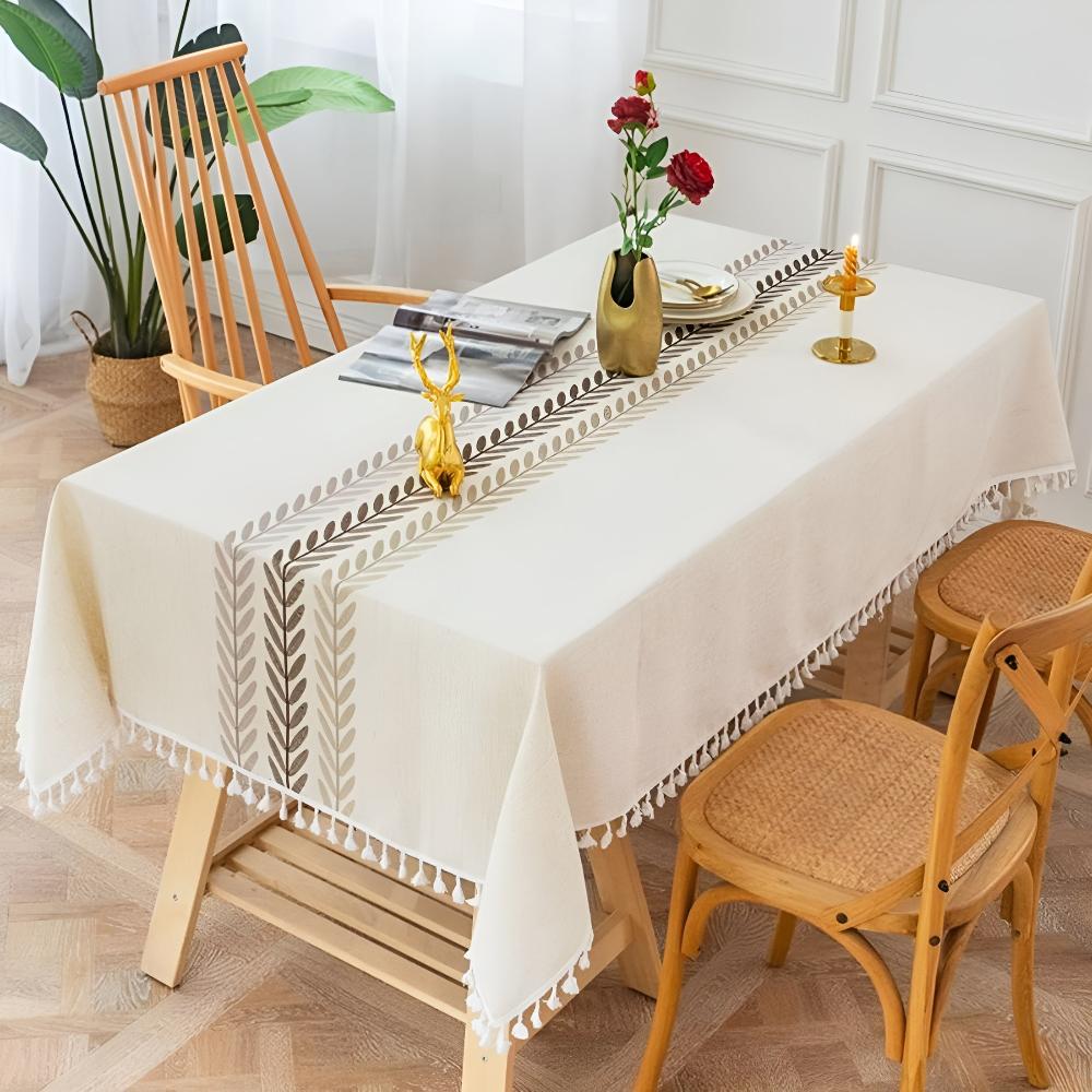 Rustic Embroidered Leaves Tassel Tablecloth