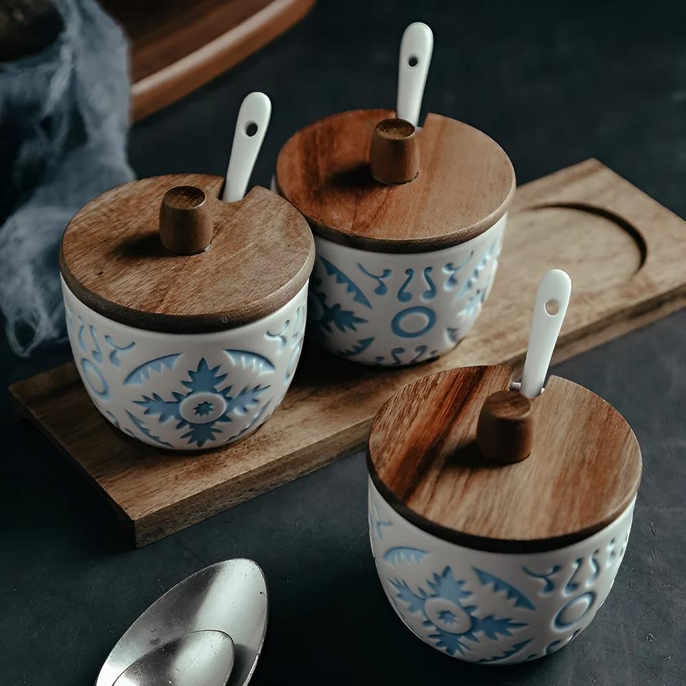 Elegant Modern Ceramic Seasoning Jars | 3-Piece Set with Wood Lids