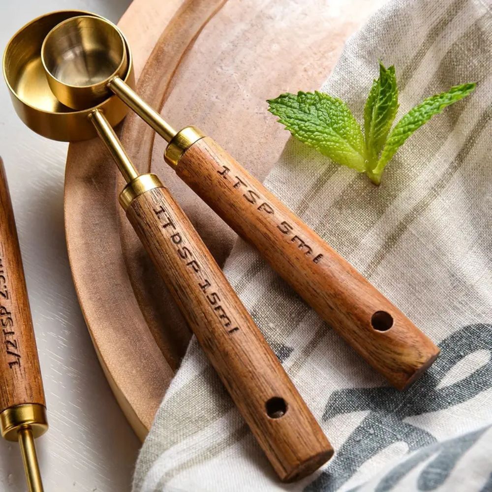Golden Luxe Ergonomic Measuring Set | Stainless Steel with Wooden Handles