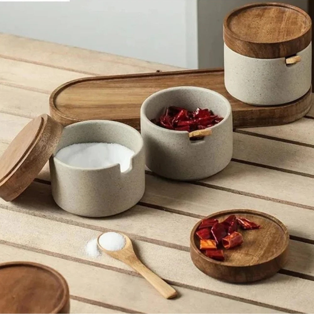 Artisan Wood-Lid Ceramic Jar Set | With Wooden Tray & Spoon