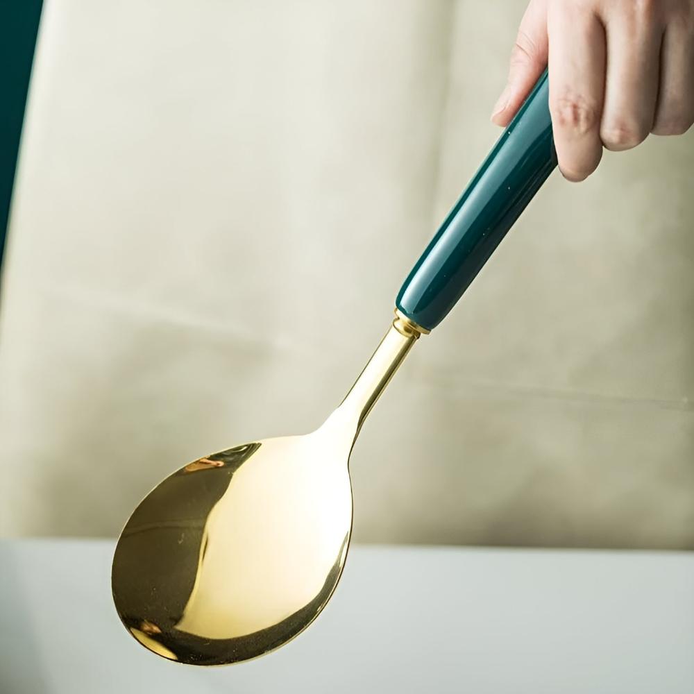 6-Piece Ergonomic Golden Stainless Steel Utensil Set with Storage Rack