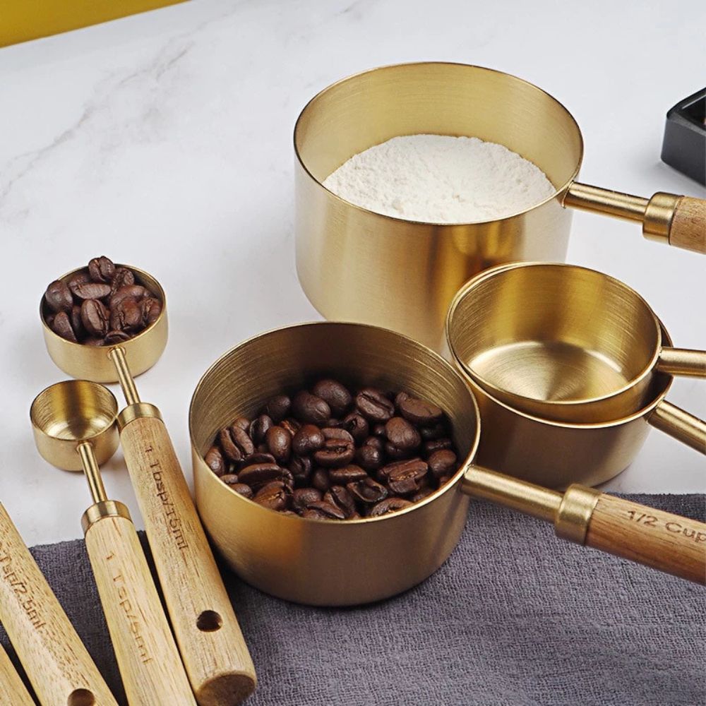 Golden Luxe Ergonomic Measuring Set | Stainless Steel with Wooden Handles