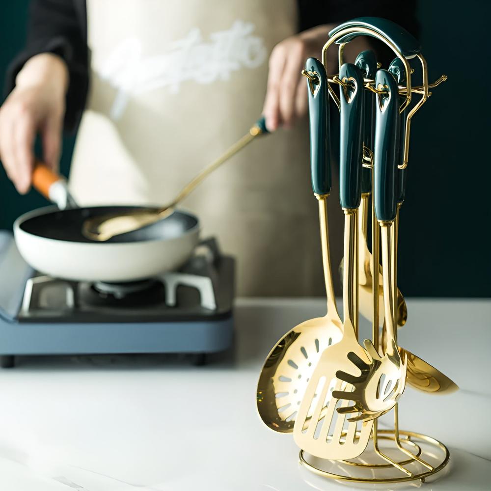 6-Piece Ergonomic Golden Stainless Steel Utensil Set with Storage Rack