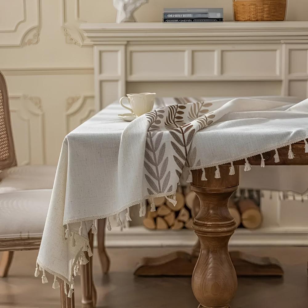 Rustic Embroidered Leaves Tassel Tablecloth