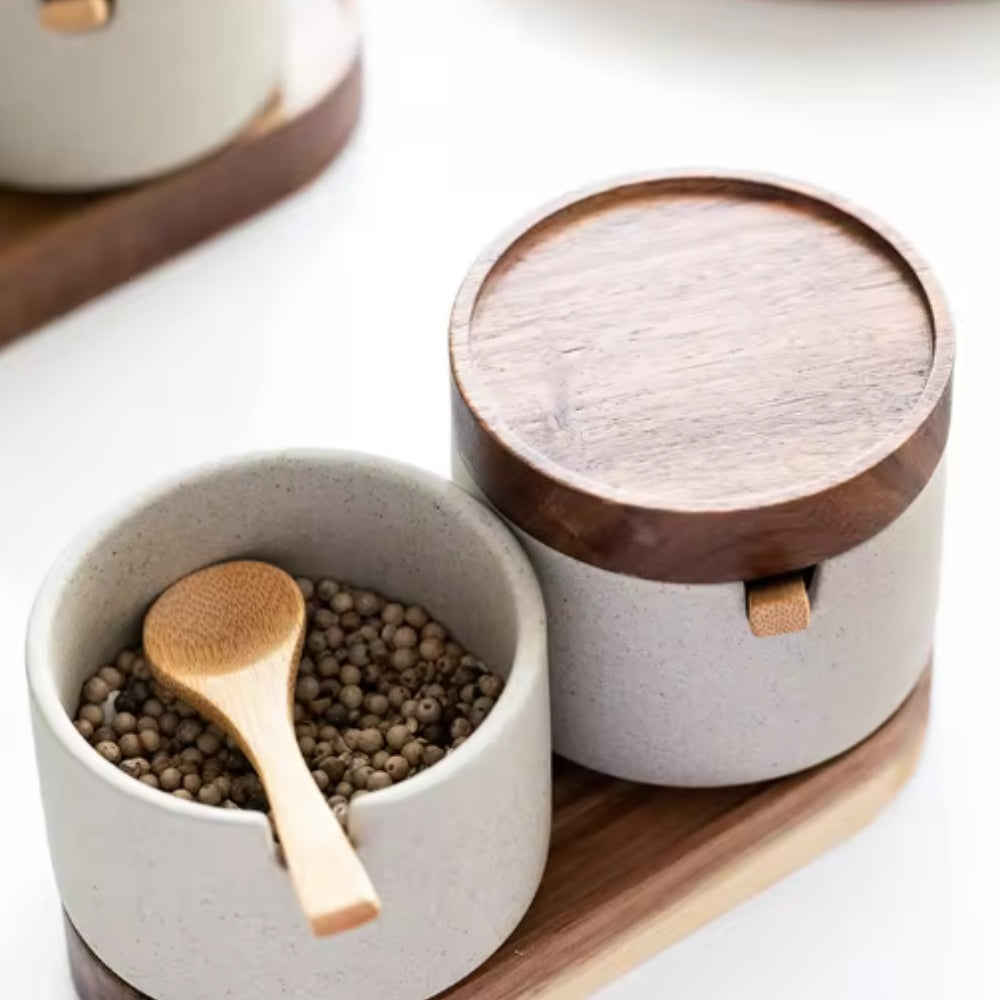Artisan Wood-Lid Ceramic Jar Set | With Wooden Tray & Spoon