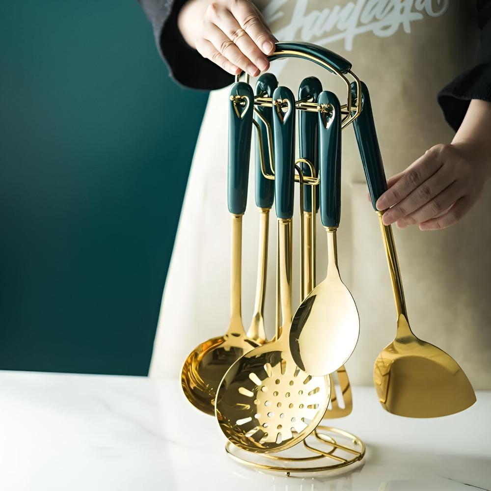 6-Piece Ergonomic Golden Stainless Steel Utensil Set with Storage Rack