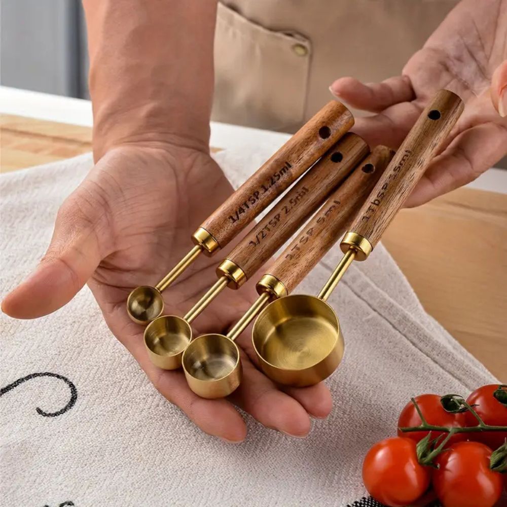 Golden Luxe Ergonomic Measuring Set | Stainless Steel with Wooden Handles