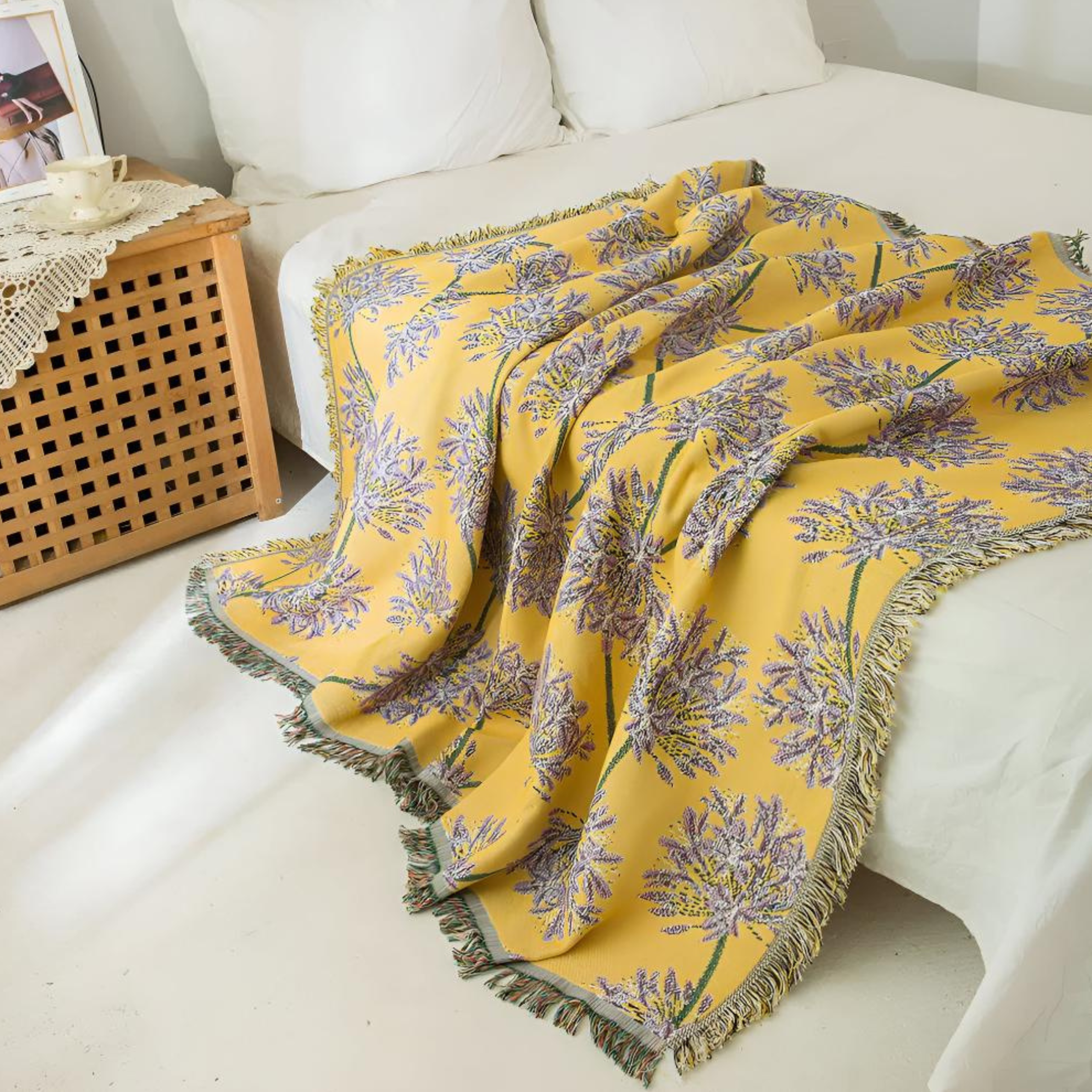 Boho-Inspired Tassel Blanket with Floral Detail