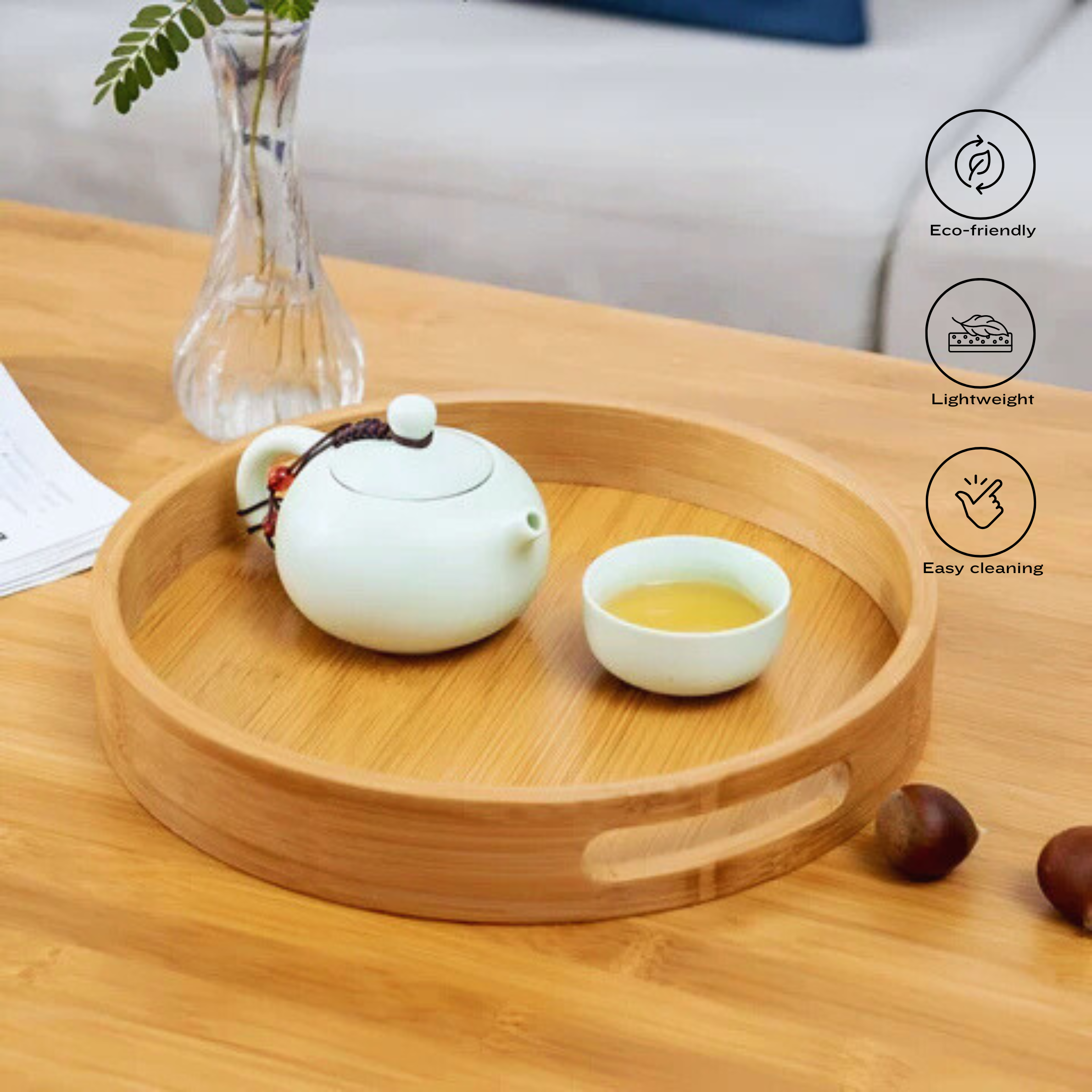 Premium Round Bamboo Wood Serving Tray