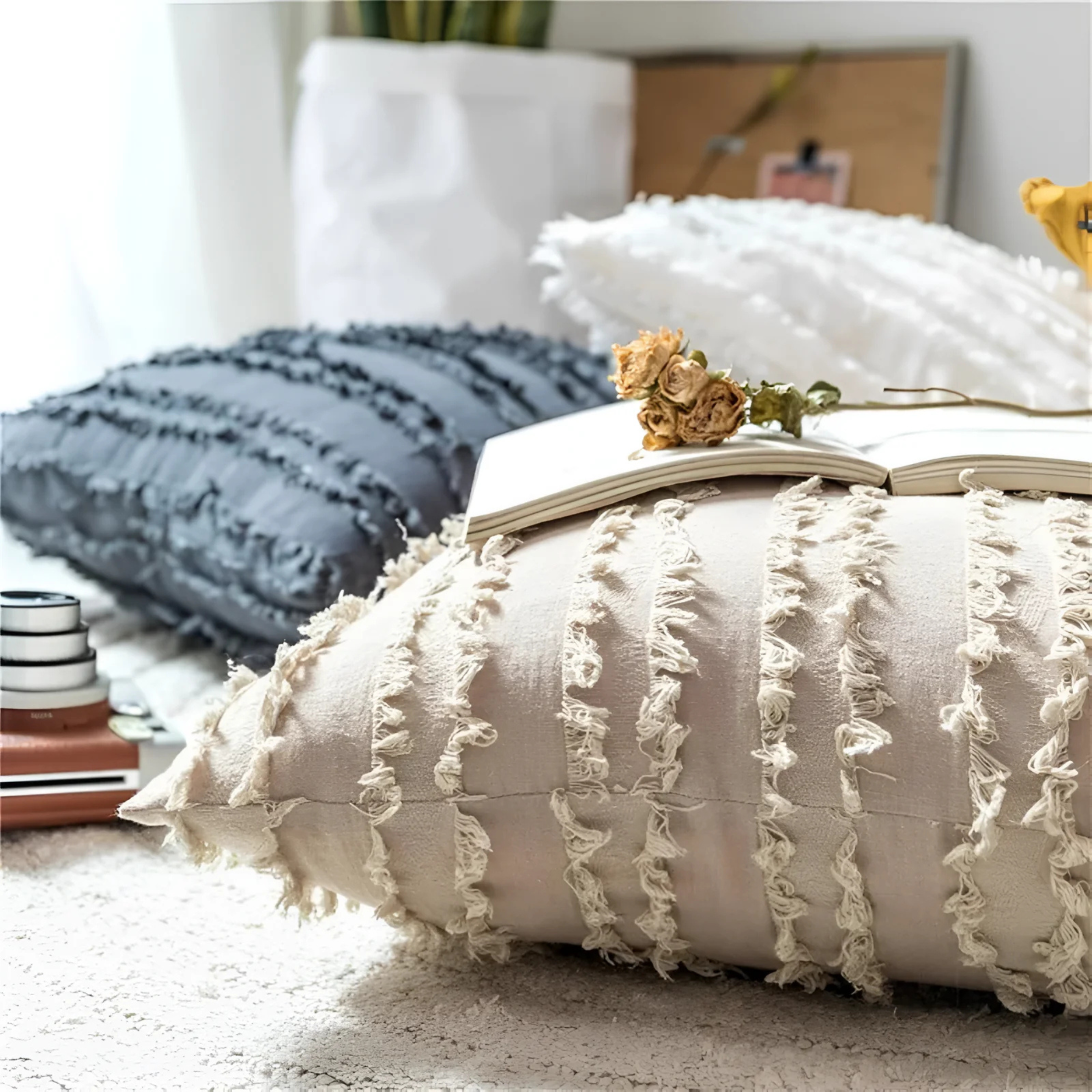 Bohemian Cushion Cover Layered with Geometric Embroidery
