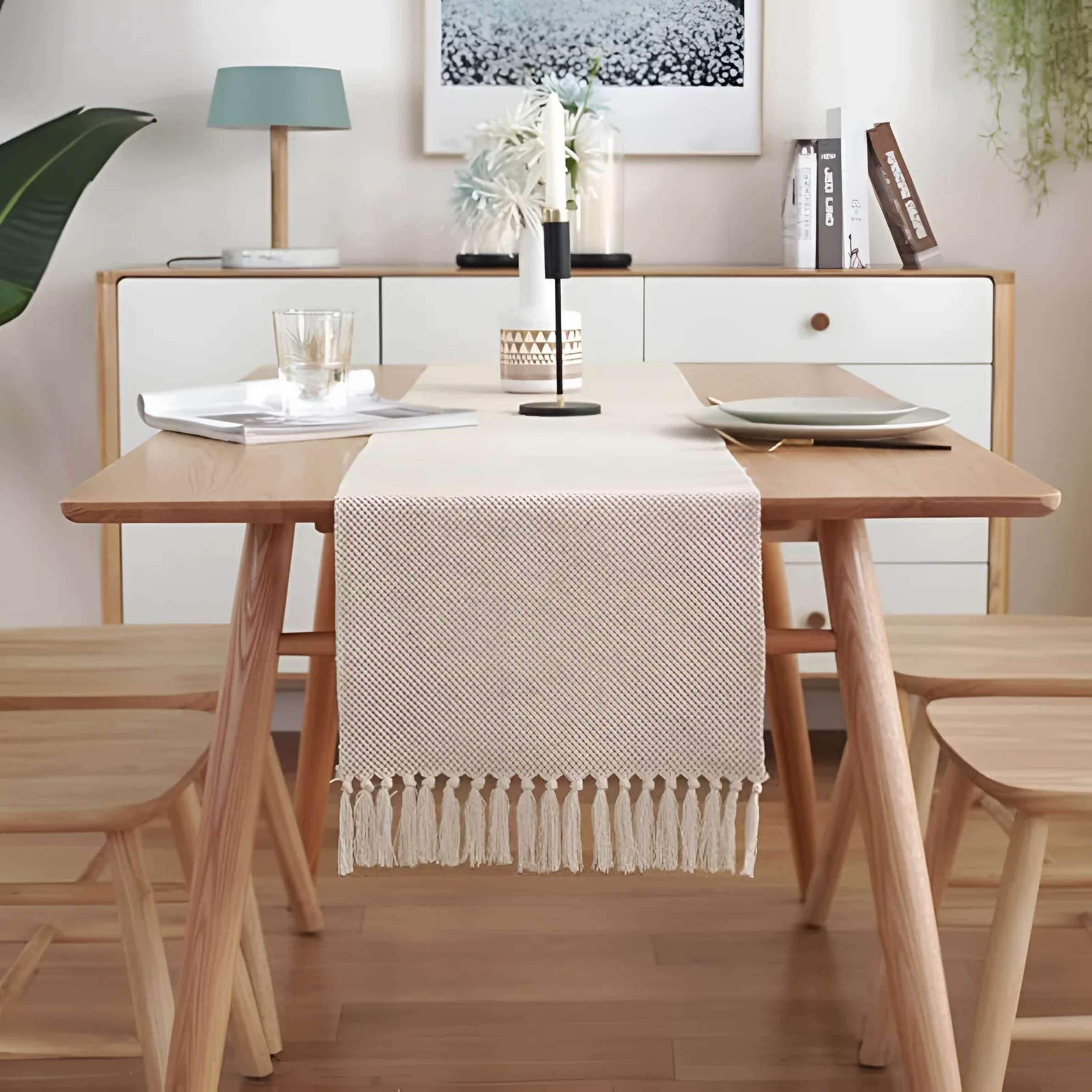 Elegant Boho-Inspired Woven Table Runner with Tassels