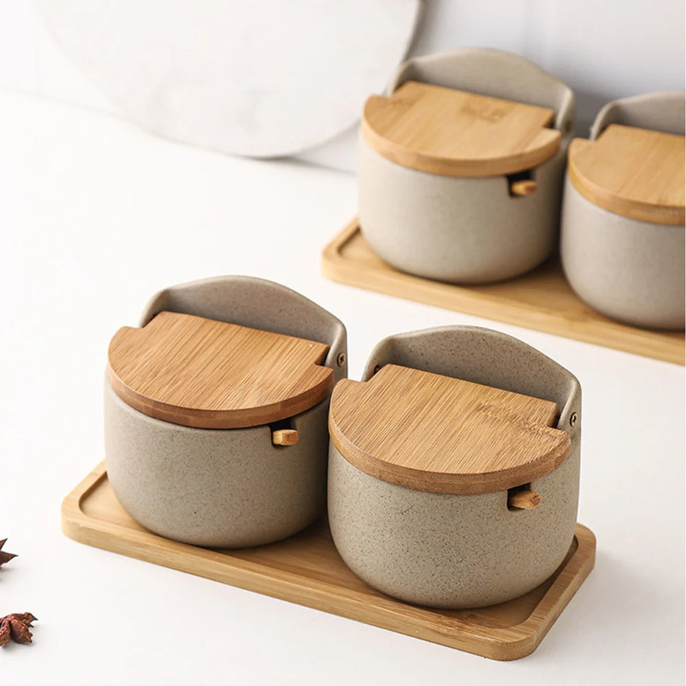 Exquisite Bamboo-Top Ceramic Spice Jars | 2-piece Set