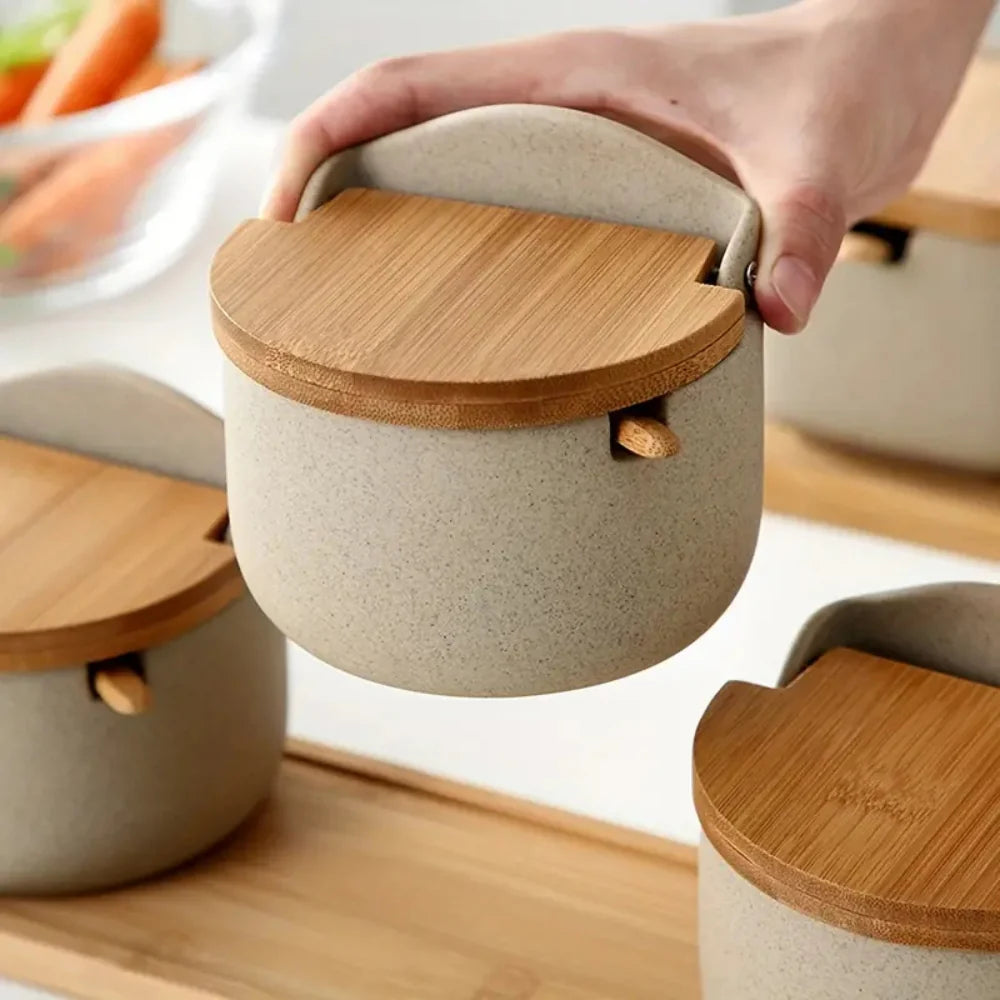 Exquisite Bamboo-Top Ceramic Spice Jars | 2-piece Set