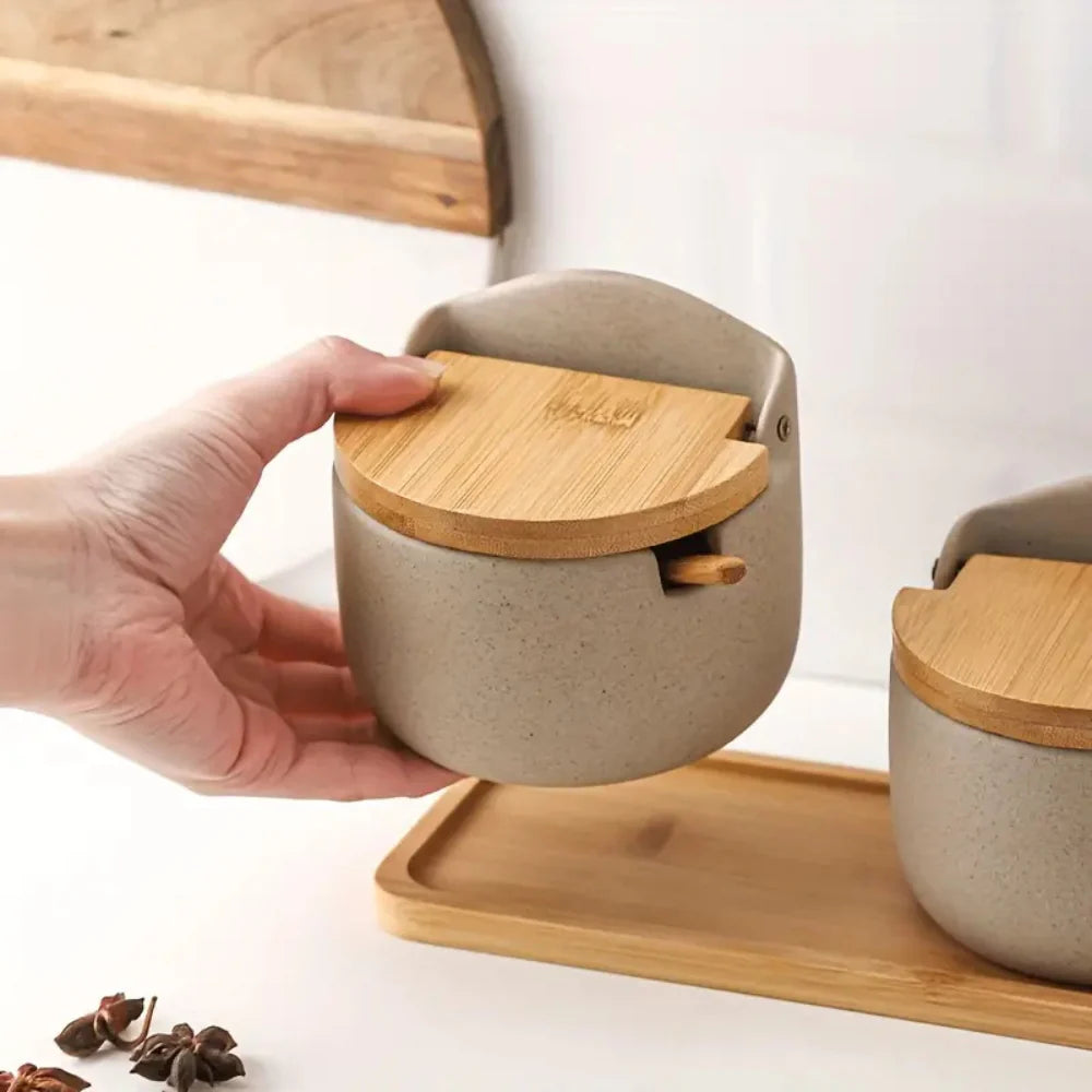 Exquisite Bamboo-Top Ceramic Spice Jars | 2-piece Set