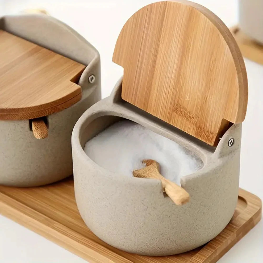 Exquisite Bamboo-Top Ceramic Spice Jars | 2-piece Set