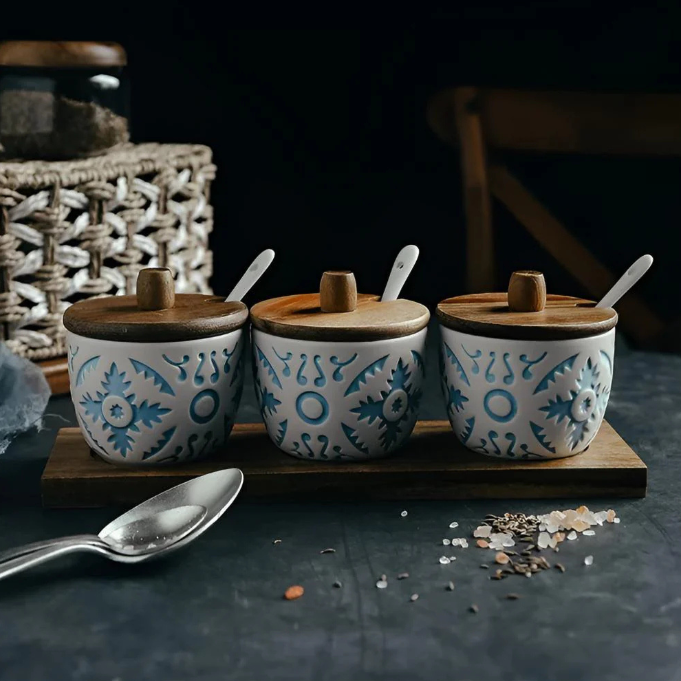 Artistic Bamboo-Lid Ceramic Spice Jars | 3-Piece Set