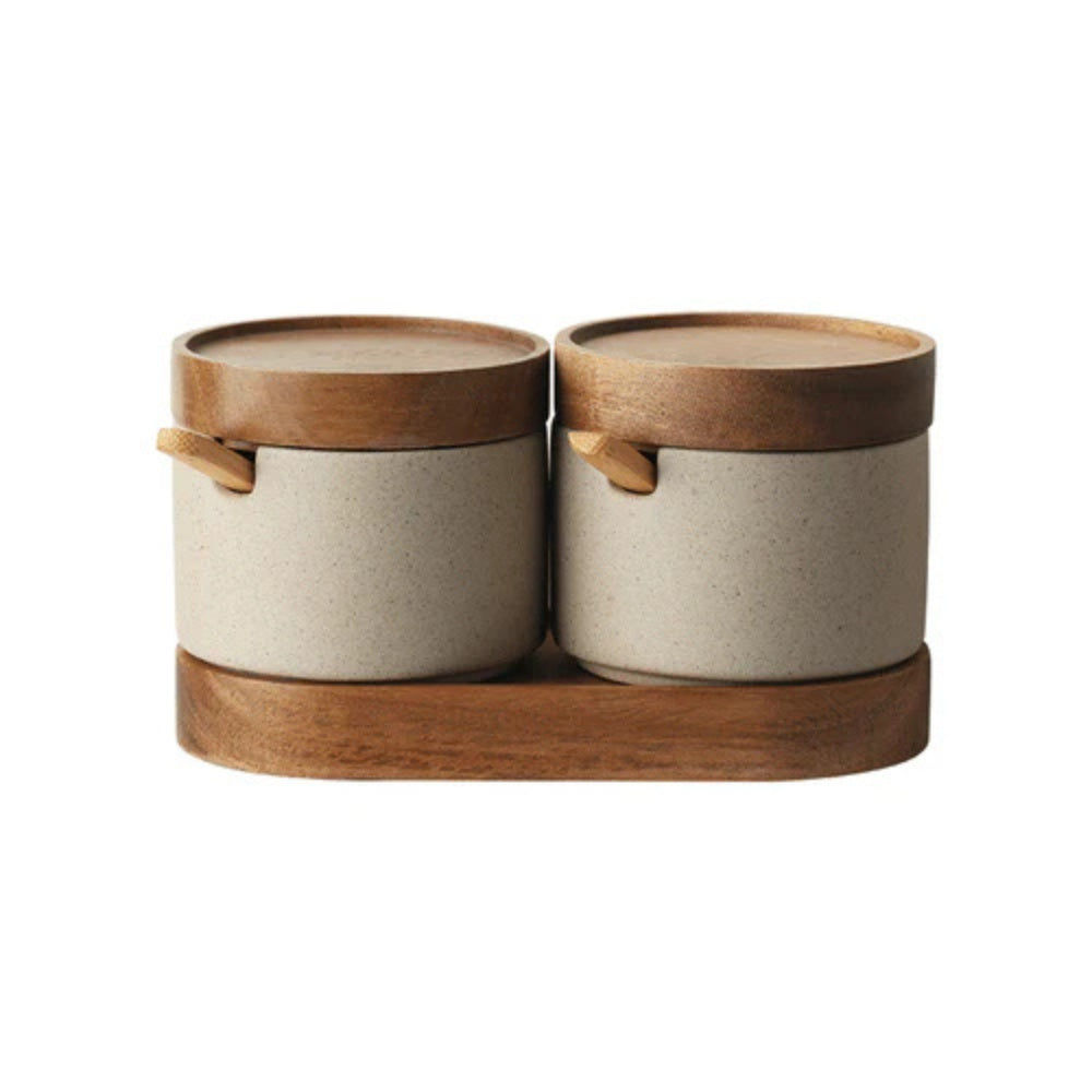 Artisan Wood-Lid Ceramic Jar Set | With Wooden Tray & Spoon