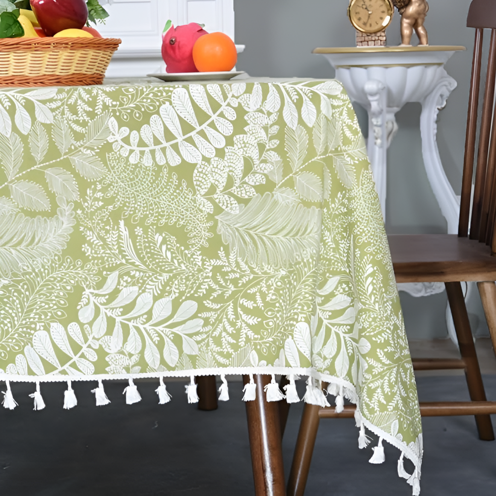 Whimsy Leaf Embroidered Tassel Tablecloth