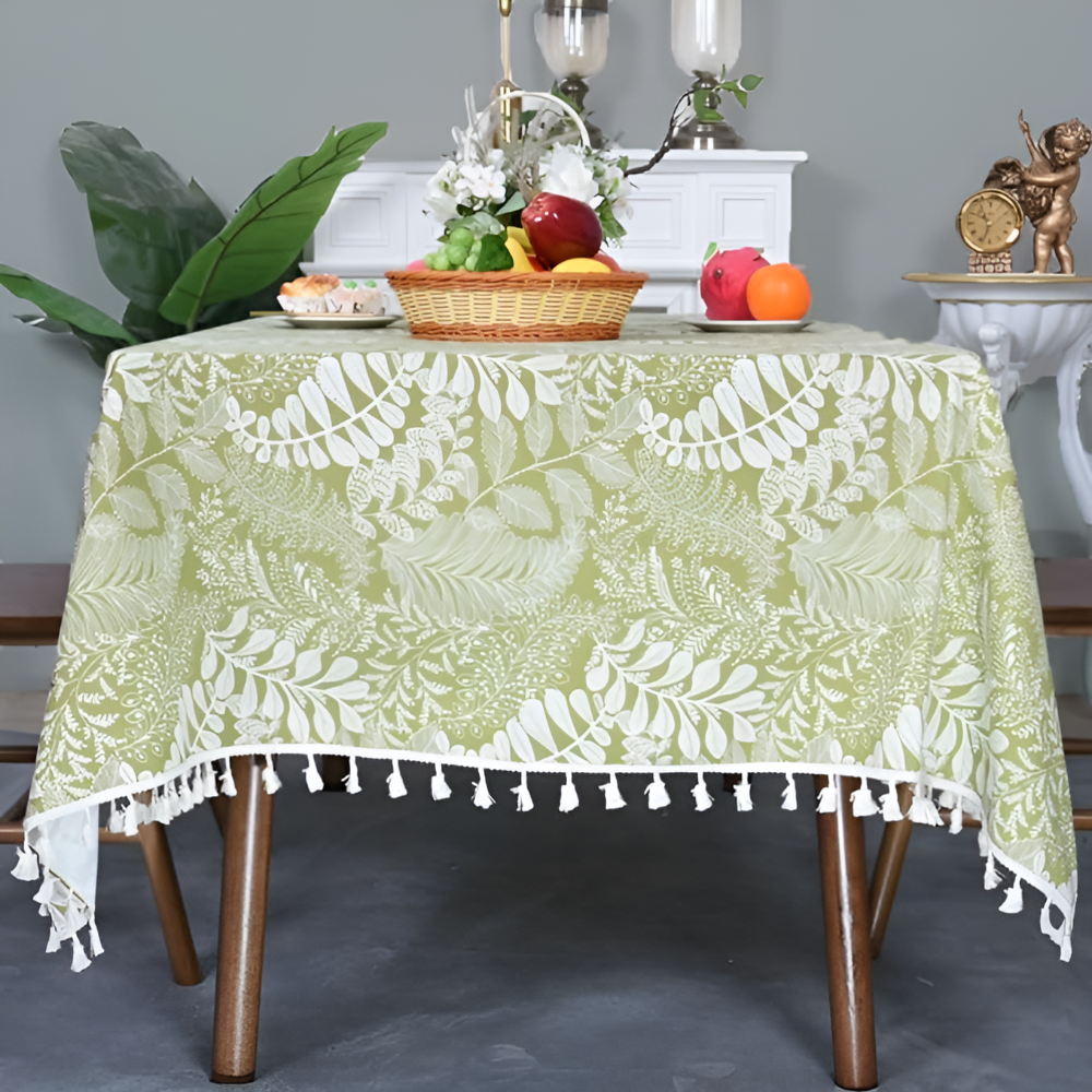 Whimsy Leaf Embroidered Tassel Tablecloth