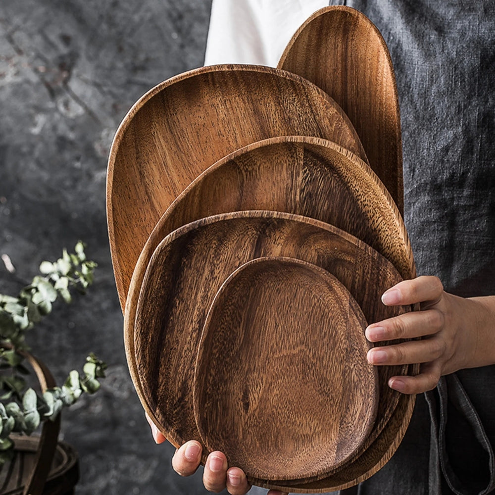 5-Piece Premium Acacia Wood Serving Tray Set in Oval Shape
