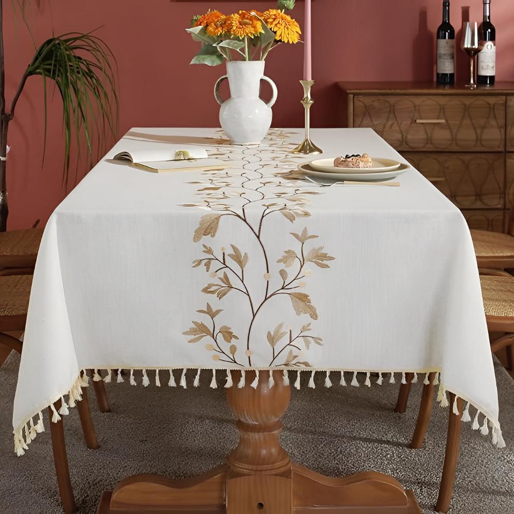 Classic Embroidered Bloom & Tassel Tablecloth