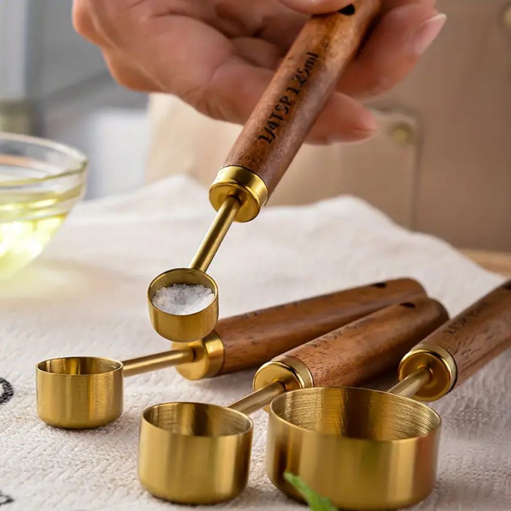 Golden Luxe Ergonomic Measuring Set | Stainless Steel with Wooden Handles