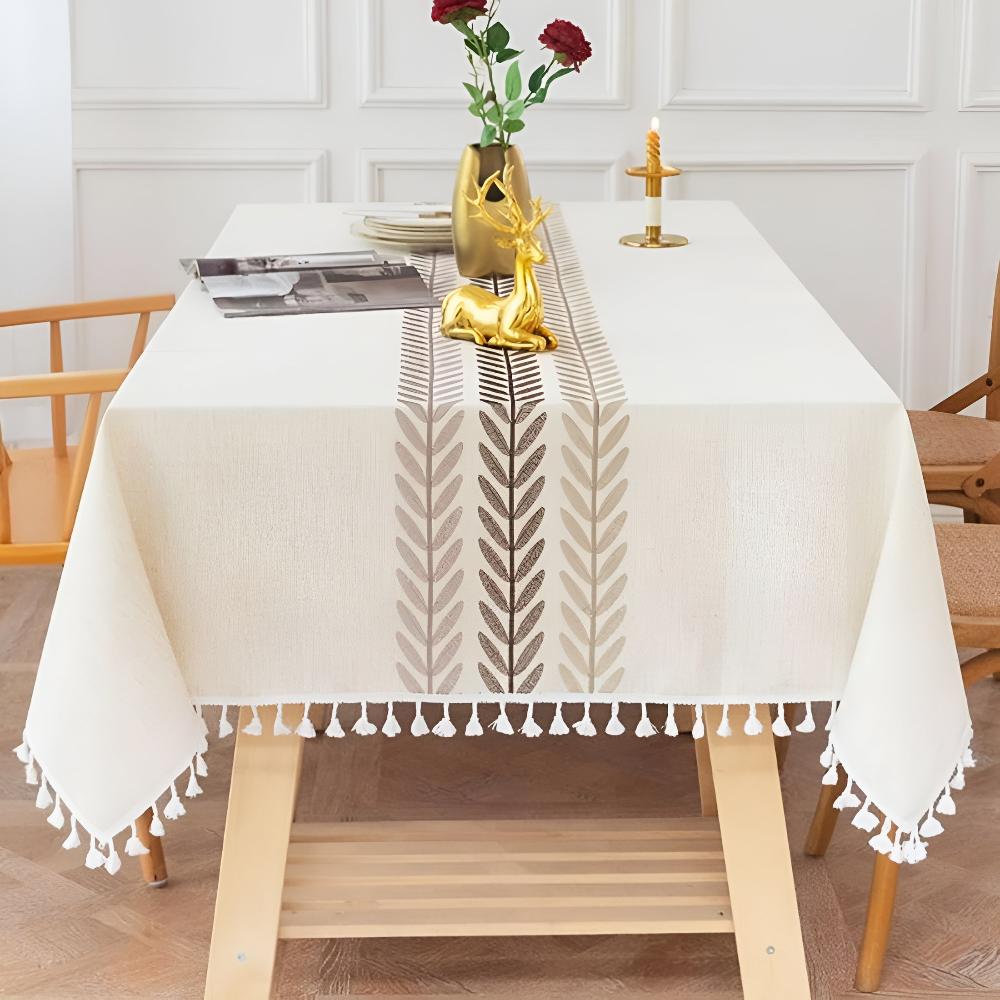 Rustic Embroidered Leaves Tassel Tablecloth