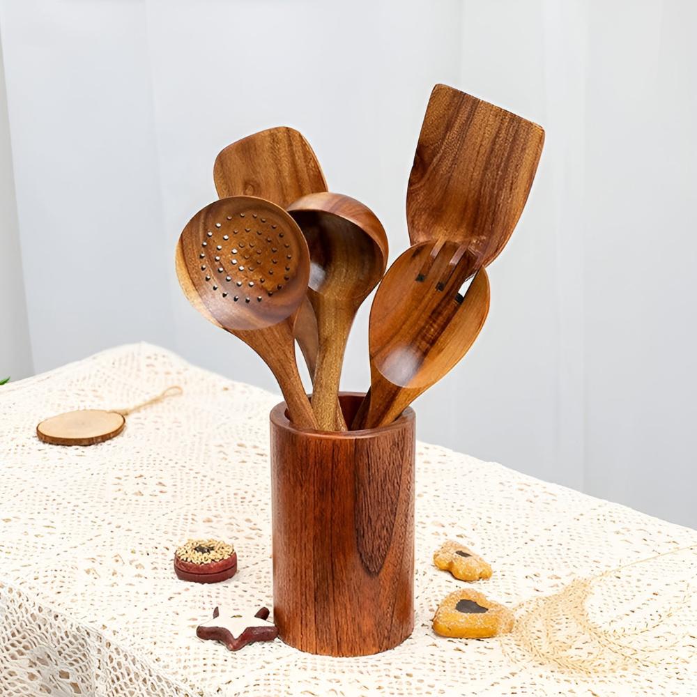 Eco-Friendly Natural Wooden Kitchen Utensil Holder