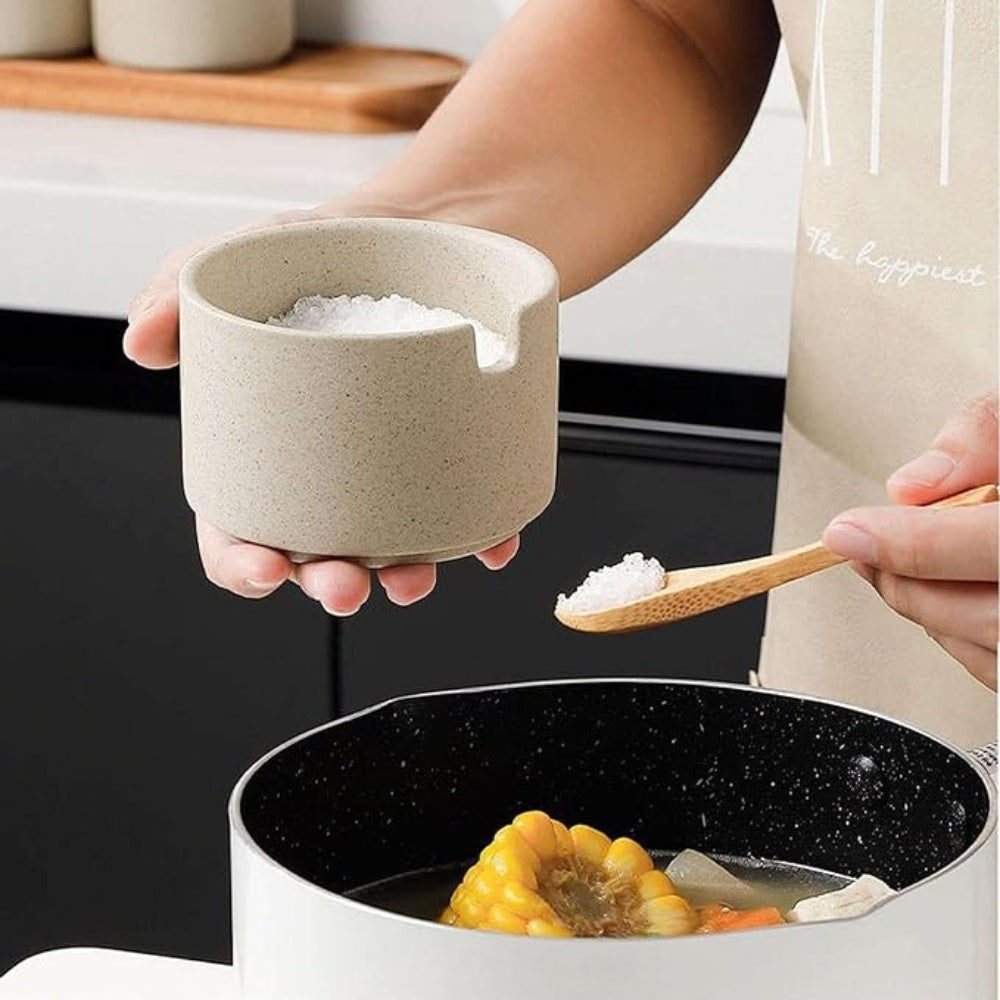 Artisan Wood-Lid Ceramic Jar Set | With Wooden Tray & Spoon