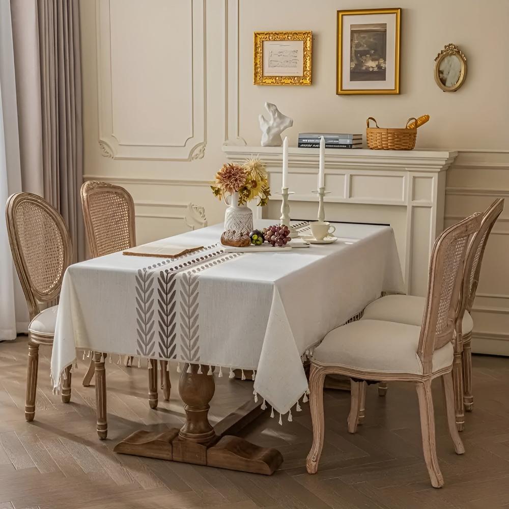 Rustic Embroidered Leaves Tassel Tablecloth