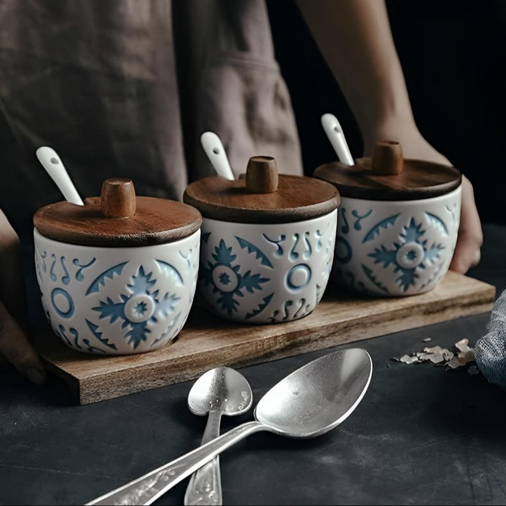 Elegant Modern Ceramic Seasoning Jars | 3-Piece Set with Wood Lids