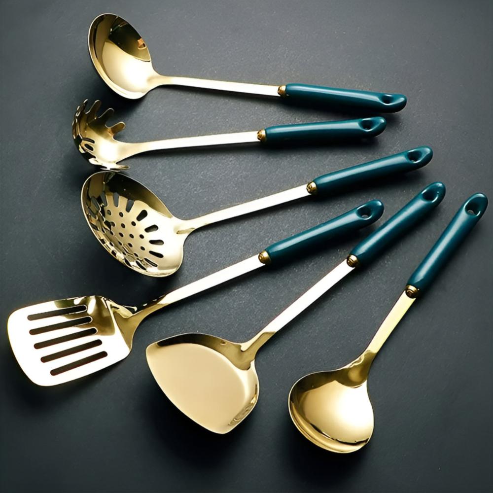 6-Piece Ergonomic Golden Stainless Steel Utensil Set with Storage Rack