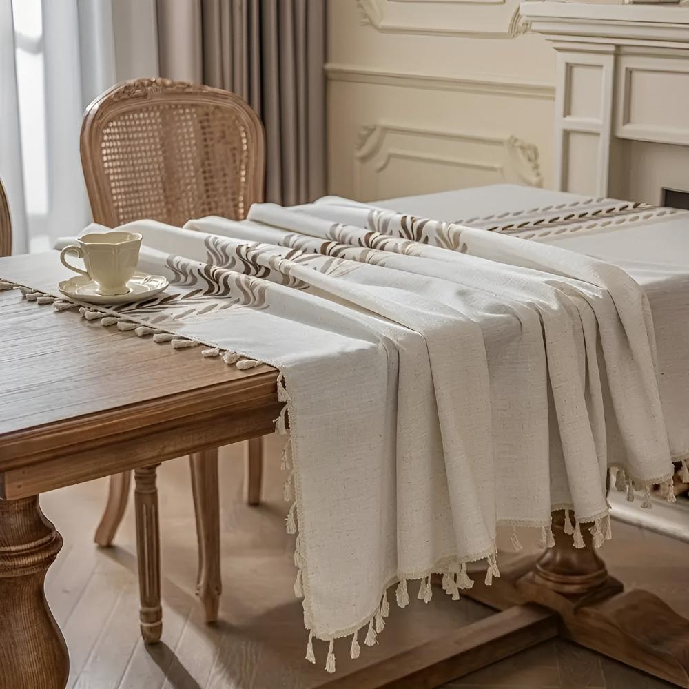 Rustic Embroidered Leaves Tassel Tablecloth