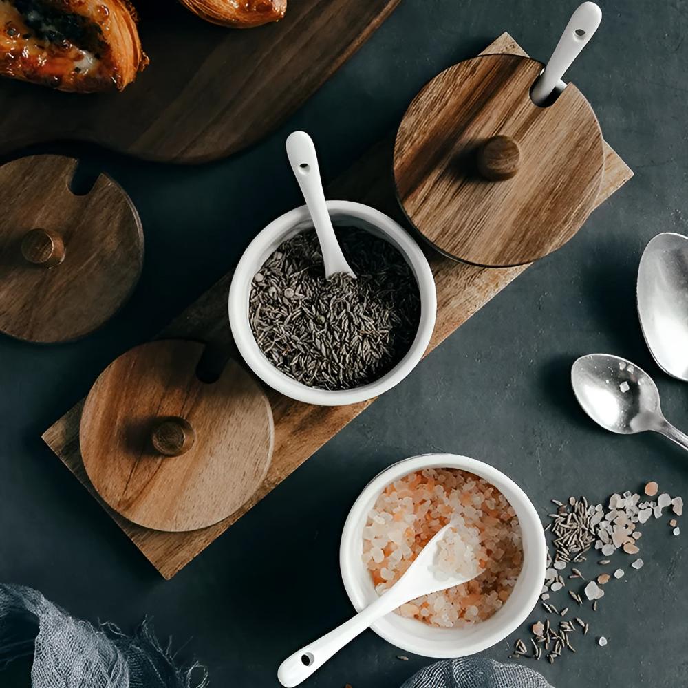Elegant Modern Ceramic Seasoning Jars | 3-Piece Set with Wood Lids