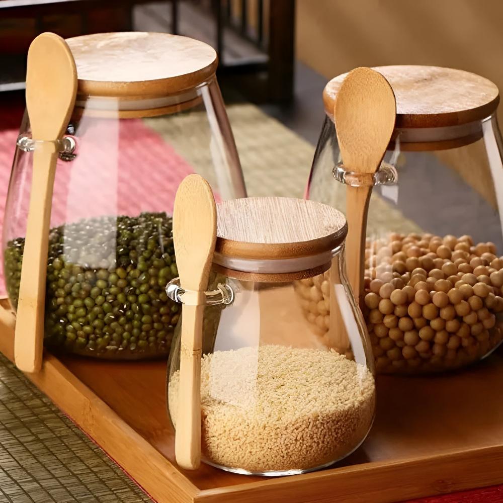Modern Glass Jar with Wooden Lid & Spoon