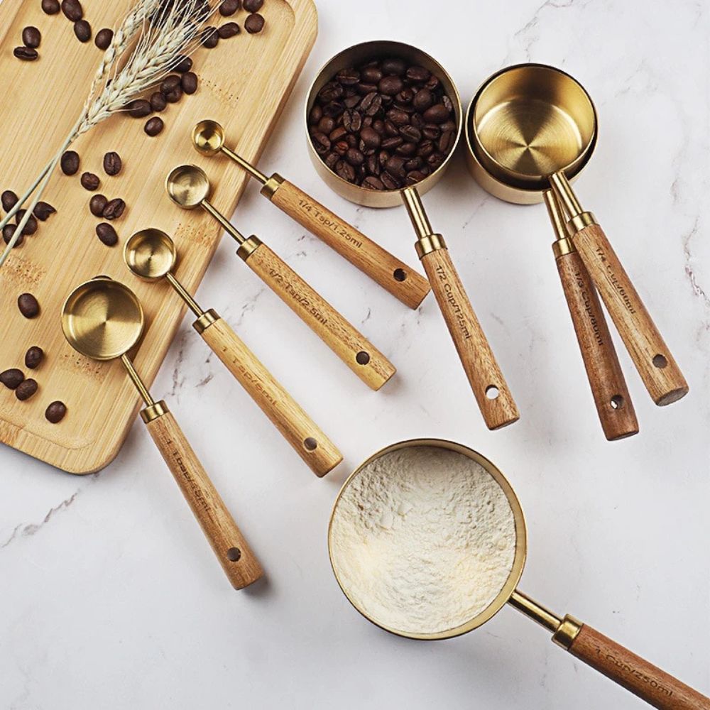 Golden Luxe Ergonomic Measuring Set | Stainless Steel with Wooden Handles