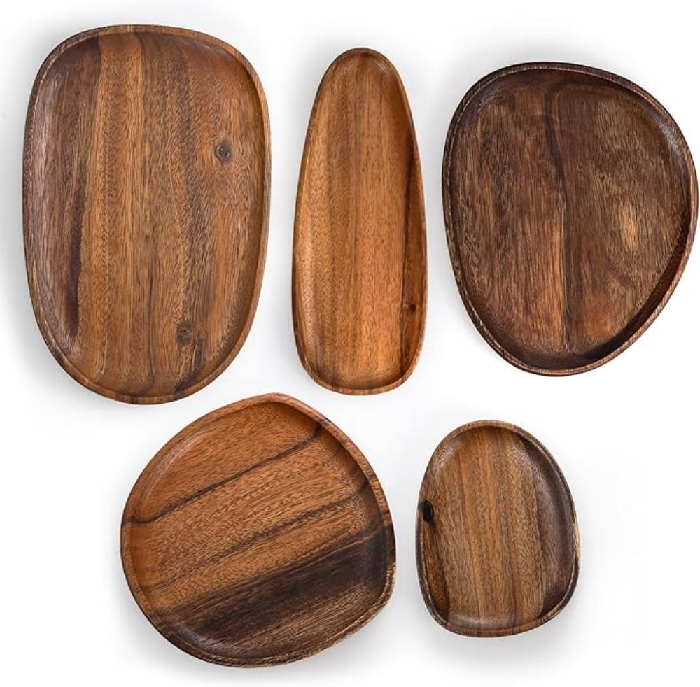 5-Piece Premium Acacia Wood Serving Tray Set in Oval Shape