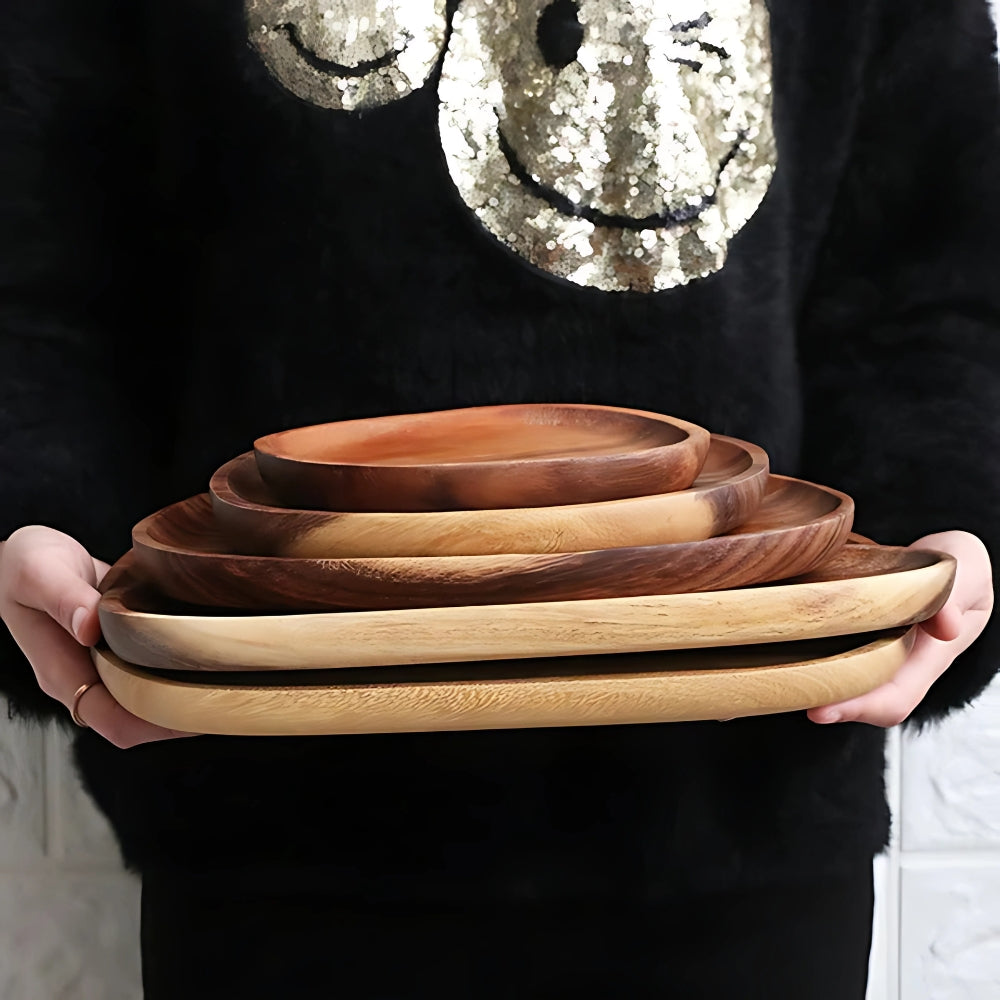 5-Piece Premium Acacia Wood Serving Tray Set in Oval Shape