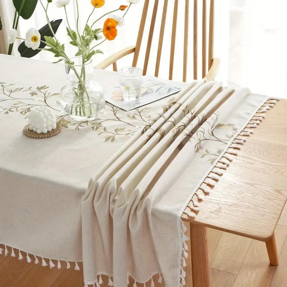 Classic Embroidered Bloom & Tassel Tablecloth