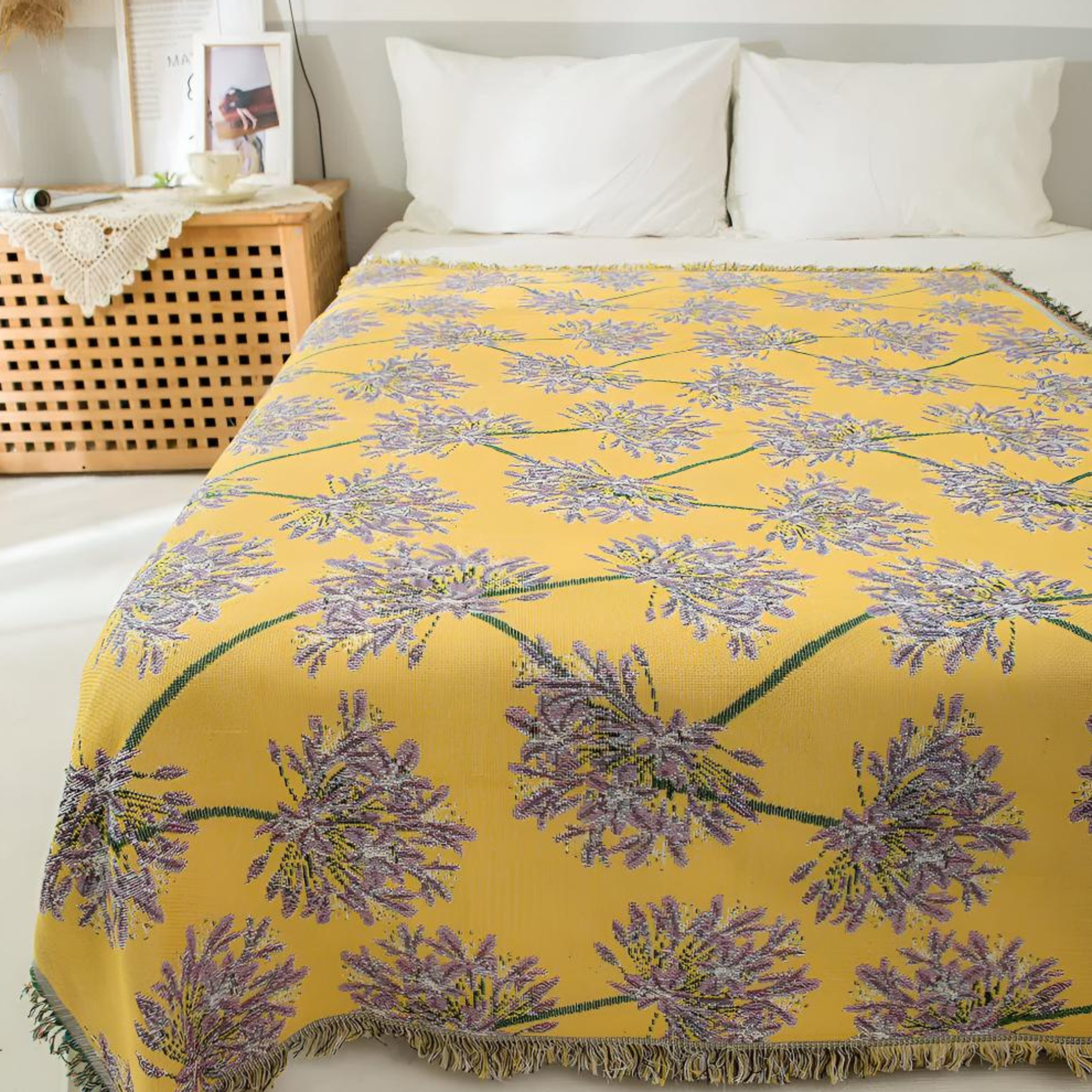 Boho-Inspired Tassel Blanket with Floral Detail